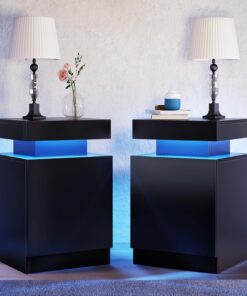 oneinmil Nightstand Set of 2 with LED Lights,Night Stand with Storage Cabinet for Bedroom,Bedside Table with LED, Black