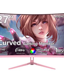 Raywego Pink 27 inch Curved Gaming Monitor 180Hz,FHD 1080P,1800R LED Display,Pink Computer Monitor,1ms (MPRT),FreeSync,Eye-Care Technology, DP, HDMI Port for Gaming Home Office,VESA(75mm*75mm)