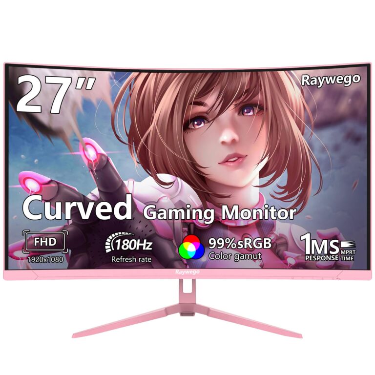 Raywego Pink 27 inch Curved Gaming Monitor 180Hz,FHD 1080P,1800R LED Display,Pink Computer Monitor,1ms (MPRT),FreeSync,Eye-Care Technology, DP, HDMI Port for Gaming Home Office,VESA(75mm*75mm)