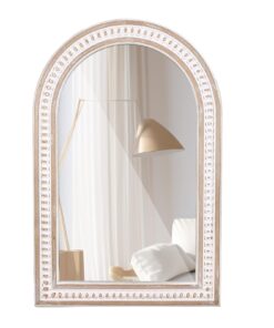 36x24 Boho Wooden Arched Wall Mirror with Beaded, Rustic Farmhouse Decorative Arch Mirrors for Bathroom Vanity, Living Room, Entryway, or Foyer