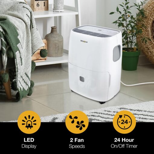Whirlpool 50-Pint Portable Dehumidifier for Basement, Garage, and Living Room, 115V, Dehumidifier for Rooms up to 4500 Sq. Ft. with Energy Star Certification, Auto-Shutoff, and Timer in White - Image 5