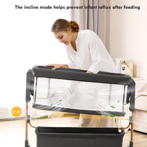 Baby Bassinet with Wheels, Bedside Bassinets for Baby, 3 in 1 Rocking Bassinet Bedside Sleeper Mesh & Mattress, Height Adjustable Bed Side Bassinet, Cosleeping Bedside Crib (Black) - Image 6