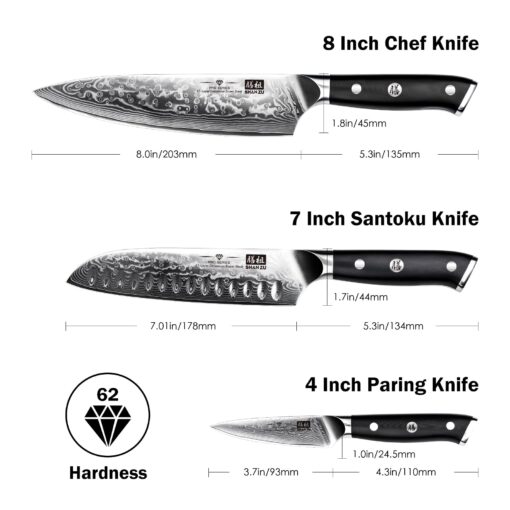 SHAN ZU Damascus Knife Set, Japanese Super Steel 3 PCS Damascus High Carbon Professional Ultra-Sharp Kitchen Chef Knife Set with G10 Handle Gift Box - Image 8