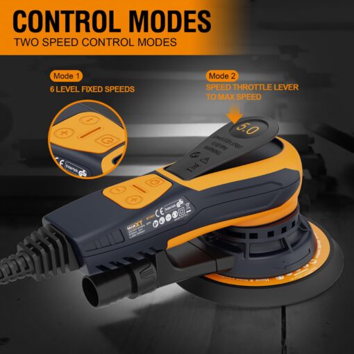 MAXXT Electric 5mm Random Orbital Sander, Palm Sander with Brushless Motor, 5&6Inch Sanding Pads, Central Vacuum, Sanders for Woodworking, Primary Wood and Panel Processing(Orange) - Image 6