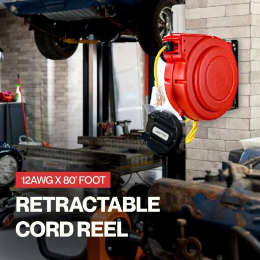 ReelWorks Extension Cord Reel Retractable Longest Industrial 12awg x 80' Foot Commercial Premium Grade Ultra Flexible 3C/SJTOW Glow Strip Cable and Led Light Up Triple Tap Connector Use Indoor/Outdoor - Image 3