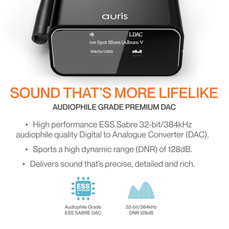 Auris Blume Pro HiFi Bluetooth 5.3 Music Receiver Long Range Bluetooth Adapter with Audiophile DAC, LDAC, aptX HD, OLED Display & Optical Coaxial AUX Output for Home Stereo, AV Receiver or Amplifier - Image 5