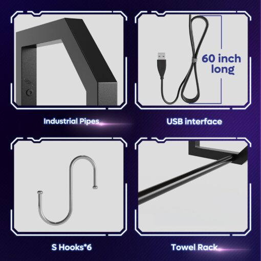 Bestier LED Gaming Floating Shelves, 34" Wall Mounted Shelf Pipe Shelves Hanging Display Rack Bookshelf with 6 S-Hook, Gaming Room Decor Wine Coffee Bar, Black Carbon Fiber - Image 5