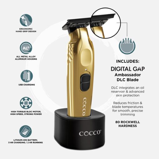 Cocco Veloce Pro Trimmer, Digital Gap Ambassador DLC Blade Edger, High-Torque Brushless BLDC Motor, Cordless, All-Metal Design, Lithium-Ion Battery, Charging Base Included, Gold - Image 7