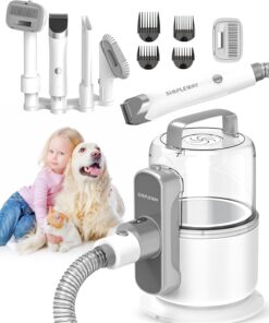 Dog Vacuum Grooming Kit for Shedding: Professional Hair Clippers Pet Groomer - Strong Suction Cleaner Deshedding Tool Fur Brush Attachment Trimmer for Home Cat (Off-White)
