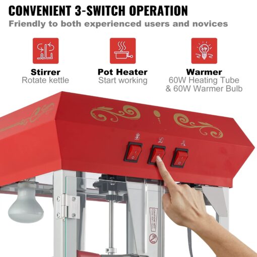 VEVOR Commercial Popcorn Machine, 8 Oz Kettle, 850 W Countertop Popcorn Maker for 48 Cups per Batch, Theater Style Popper with 3-Switch Control Steel Frame Tempered Glass Doors 2 Scoops 2 Spoons, Red - Image 6