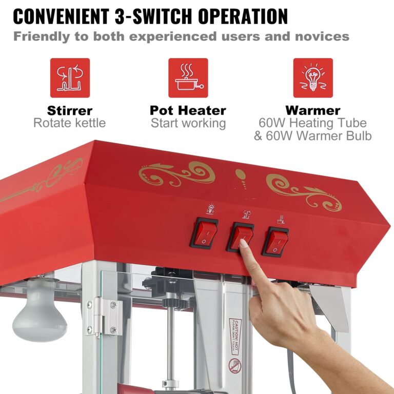 VEVOR Commercial Popcorn Machine, 8 Oz Kettle, 850 W Countertop Popcorn Maker for 48 Cups per Batch, Theater Style Popper with 3-Switch Control Steel Frame Tempered Glass Doors 2 Scoops 2 Spoons, Red - Image 6