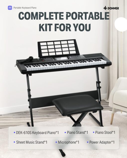 Donner 61 Key Keyboard Piano, Electric Piano Keyboard Kit with 249 Voices, 249 Rhythms - Includes Piano Stand, Stool, Microphone, Gift for Beginners, Black (DEK-610S) - Image 2