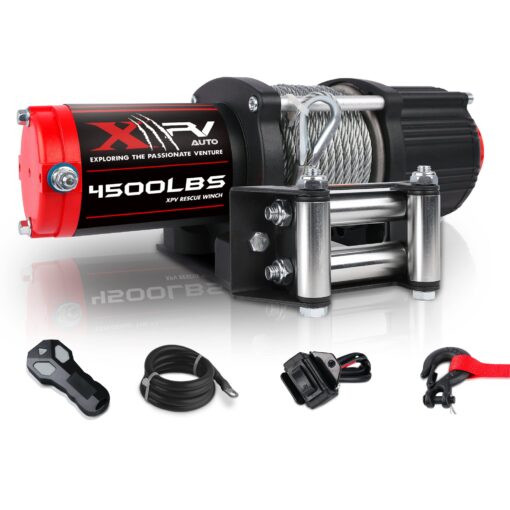 XPV AUTO 12V 4500LBS Steel Rope Electric Winch for Towing ATV/UTV Off Road with Wireless Remote Control Mounting Bracket IP67 Waterproof Electric Winch with 4-Way Roller Fairlead