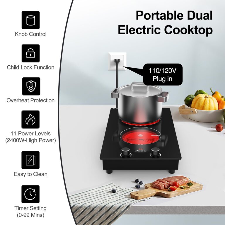Electric Cooktop,110V 2400W Electric Stove Top with Knob Control, 11 Power Levels, Kids Lock & Timer, Hot Surface Indicator, Overheat Protection,Built-in and Countertop 2 Burner Electric Cooktop - Image 9