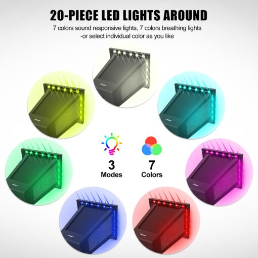 pohopa Bluetooth Speakers Waterproof, Solar Powered 2 Packs True Wireless Stereo Sound 20W Auto Dual Pairing Indoor Outdoor Speakers with 20 Piece Sound Responsive Colored LED Lights, Richer Bass - Image 6