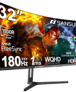 SANSUI 32-Inch Curved Gaming Monitor WQHD 2560 x 1440 180Hz Curved 1500R -1ms(OD), HDR, 300nits, sRGB 125%, DCI-P3 95%, FreeSync, HDMI x2, DP1.2x2(ES-G32C3 DP Cable Included)