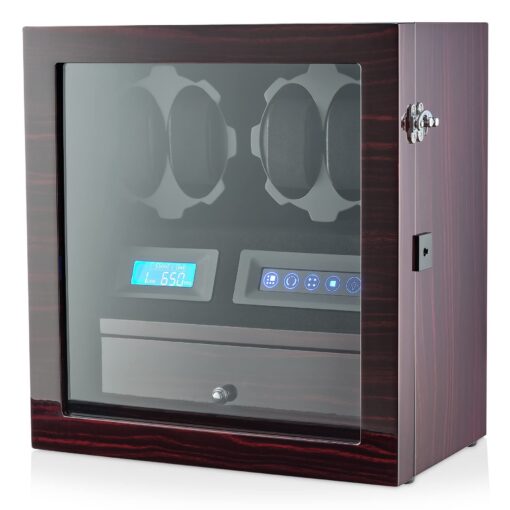 4 Watch Winder with 5 Watch Storage Space, LCD Display, Touch Control and Interior Light (Ebony + Black Velvet)