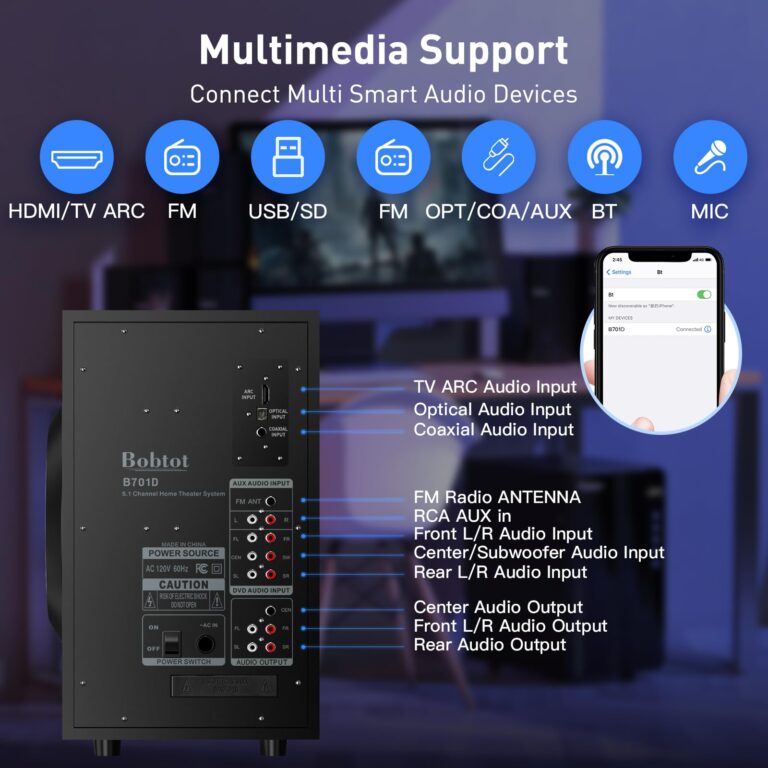 Bobtot Surround Sound Systems Home Theater System - 800 Watts Peak Power 6.5" Subwoofer 5.1/2.1 Wired Stereo Speakers Strong Bass with HDMI ARC Optical AUX Bluetooth Input - Image 3