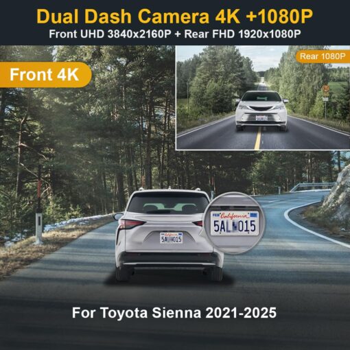 Fitcamx Front 2160P+Rear 1080P Dash Cam for 2021-2025 Toyota Sienna LE Limited XLE Platinum XSE (XL40), OEM Factory Look, Dual HD Video, Built-in WiFi & APP, Loop Recording, G-Sensor, 128GB Card - Image 7