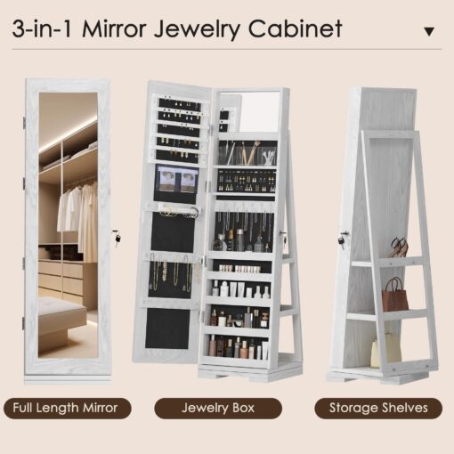 SDHYL 360° Rotating Full-Length Mirror Jewelry Cabinet - Standing Mirror with Jewelry Storage, Makeup Organizer & Lock, 63"x15", Perfect for Girls, Women, and Home Decor - Image 5