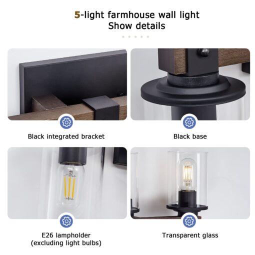 DUJAHMLAND 5-Light Farmhouse Vanity Lights,Wood Bathroom Wall Lighting with Clear Glass, Industrial Metal Wall Sconce for Bedroom, Kitchen, Hallway (Wood, 5-Light) - Image 7