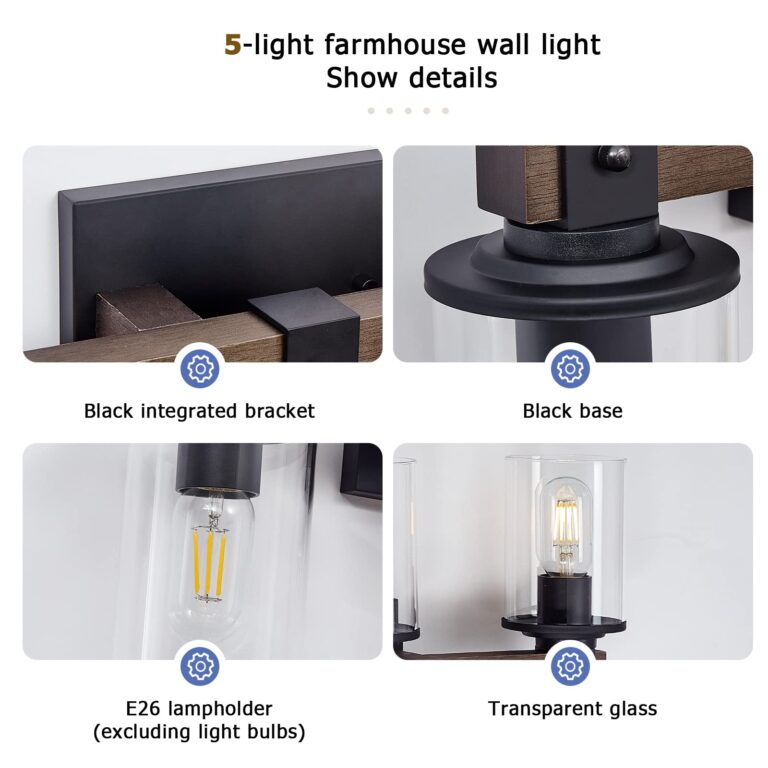 DUJAHMLAND 5-Light Farmhouse Vanity Lights,Wood Bathroom Wall Lighting with Clear Glass, Industrial Metal Wall Sconce for Bedroom, Kitchen, Hallway (Wood, 5-Light) - Image 7