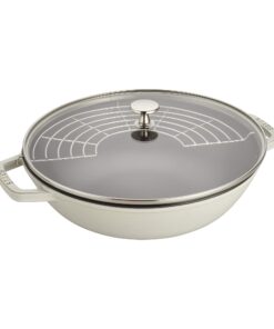 Staub Cast Iron Perfect Pan, Wok, Dutch Oven, 4.5-quart, serves 4-5, Made in France, White Truffle