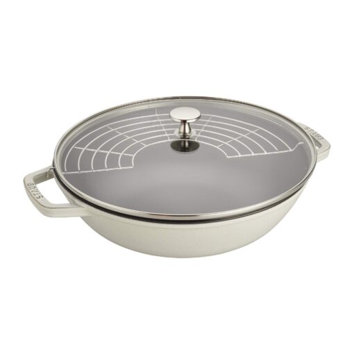 Staub Cast Iron Perfect Pan, Wok, Dutch Oven, 4.5-quart, serves 4-5, Made in France, White Truffle