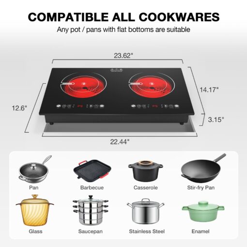 VBGK 2 Burner Electric Cooktop,110V 2400W Electric Stove Top with Touch Control,9 Heating Level,Timer & Kid Safety Lock,Built-in Radiant Double Induction Cooktop - Image 6