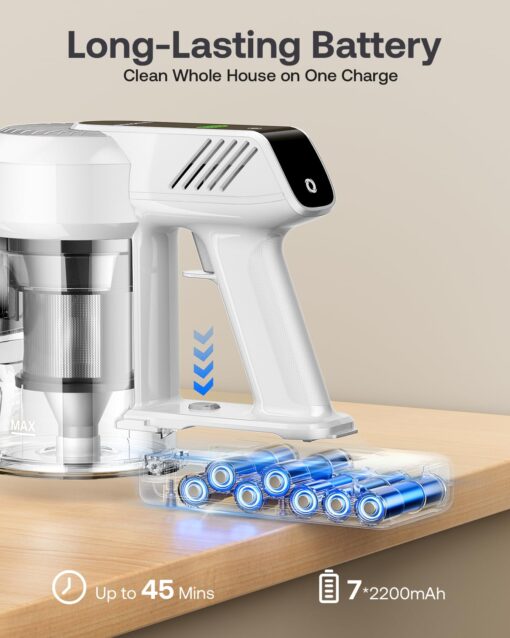 Cordless Vacuum Cleaner, 40Kpa 45Mins Vacuum Cleaners for Home, 8-in-1 Lightweight Stick Vacuum with Powerful Suction, Anti-tangle Wireless Vacuum for Carpet, Tile, Pet Hair, Hardwood Floors, White - Image 4