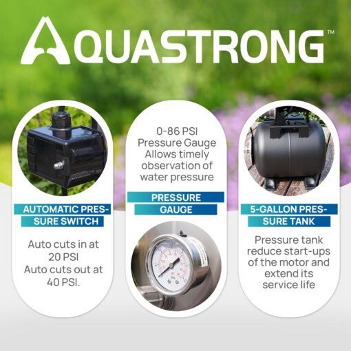 Aquastrong 1.6 HP Shallow Well Pump with Pressure Tank, NSF Certified, 1320 GPH, 115V, Stainless Steel Irrigation Pump, Automatic Water Booster Jet Pump for Home, Garden, Lawn - Image 4