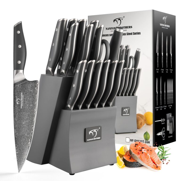 NF NANFANG BROTHERS Knife Set, 16-Pieces Damascus Kitchen Knife Set with Block, ABS Ergonomic Handle for Chef Knife Set, Carving Fork, Disconnect-type Knife Block Set (Gray) - Image 7