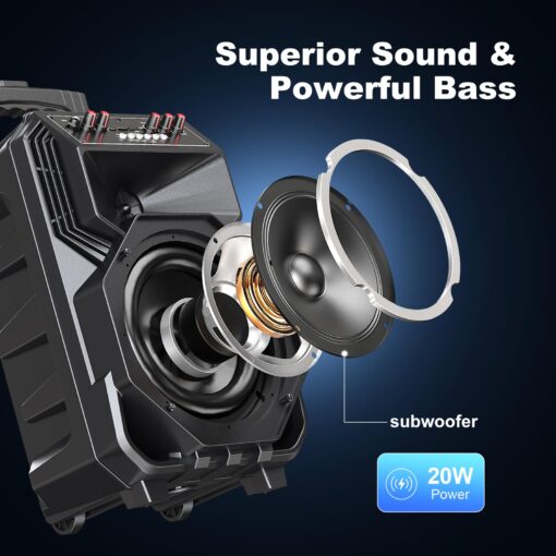 Karaoke Machine with 2 Wireless Microphones, Rolling Wheels, and Trolley – 8800mAh Portable Bluetooth Speaker, PA System with Lights, Adjustable Bass/Treble/Echo for Parties, Indoor and Outdoor Use - Image 6
