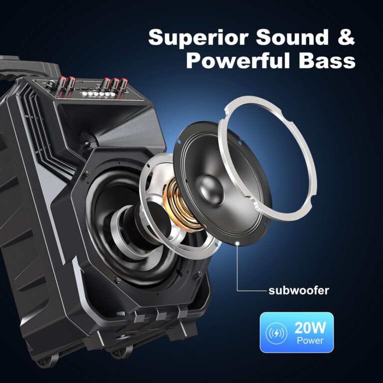 Karaoke Machine with 2 Wireless Microphones, Rolling Wheels, and Trolley – 8800mAh Portable Bluetooth Speaker, PA System with Lights, Adjustable Bass/Treble/Echo for Parties, Indoor and Outdoor Use - Image 6