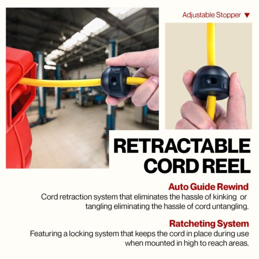 ReelWorks Extension Cord Reel Retractable 12AWG x 65' Foot 3C/SJT Heavy Duty Commercial Cable Triple Tap Connector Power 15A 125VAC 1875W - Image 4