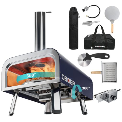 ABORON Pizza Oven Outdoor,13"Multi-Fuel Rotatable Pizza Ovens,Portable Wood Fired and Gas Pizza Oven,Stainless Steel 3-Layer Oven,Pizza Maker with Built-in Thermometer,Pizza Cutter & Carry Bag