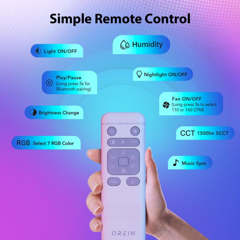 OREiN Matter Smart Bathroom Exhaust Fan with Light, 110/160 CFM 0.8/1.0 Sones Bathroom Fan with Bluetooth Speaker, Exhaust Fans with Humidity Sensor & Remote, APP Control, 1500lm 2700k-6500k Dimming - Image 4