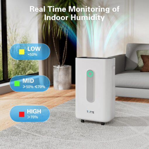 TOTTE 90 Pint Dehumidifier with Drain Hose, 4 Option Modes, 2 Fan Speed, Auto Shut Off, 24H Timer, Auto Defrost, 6000 Sq.Ft Quiet Dehumidifiers for Home, Basement, Bedroom,Bathroom, RV - Image 4