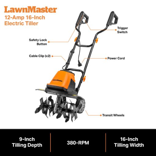 LawnMaster TE1016M Electric Tiller 10-Amp, 16-Inch,Green - Image 2