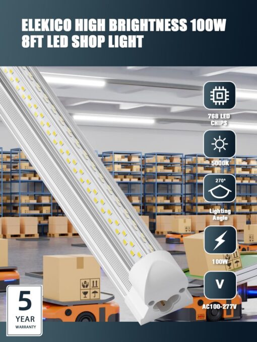 ELEKICO 6 Pack 100w 8ft Led Shop Light, Super Bright 15000lm 5000k V Shape 8' Led Shop Lights, Linkable 8 Foot Led Shop Lights for Garage Warehouse, Supermarket, Basement, Barn, Storage Area - Image 6