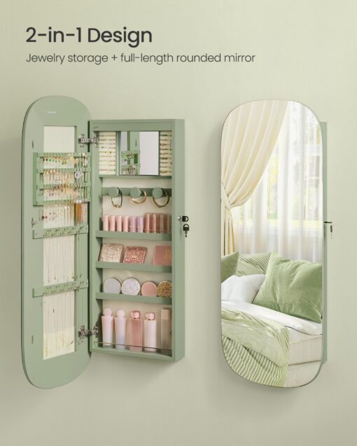 SONGMICS Jewelry Organizer, LED Jewelry Cabinet Wall or Door Mounted, Lockable Rounded Wide Mirror with Storage, Interior Mirror, 3.9 x 16.5 x 42.5 Inches, Laurel Green Surface with Cream White Lining - Image 4