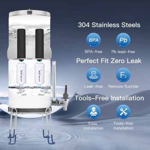 FACHIOO Gravity-Fed Water Filter System, NSF/ANSI 42&372 Standard, 2.25G Stainless-Steel Countertop System with 2 Black Elements, 2 Fluoride, Metal Water Level Spigot, Reduces Fluoride and Chlorine - Image 9