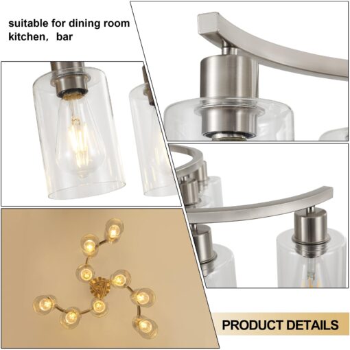 CNRATYE 9-Light Brushed Nickel Glass Chandelier, Adjustable Height Hanging Industrial Dining Room Chandelier Over Table, Modern Farmhouse Chandelier for Kitchen Island Living Room Entryway Bedroom - Image 2