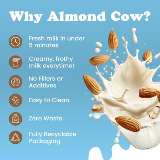 Almond Cow Milk Maker Machine, Milk in a Minute Bundle, Includes 3 Creamy CocoCash & 3 Original Almonds 'n' Dates, Glass Milk Jug, & Jug Brush - Image 5