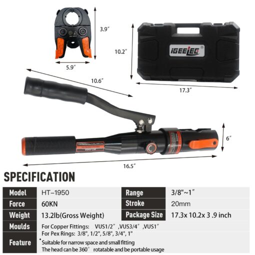 iGeelee Hydraulic Copper Press Tool, Pex Crimping Tool with 1/2", 3/4", 1" Dies for Copper Pipe Fitting & 3/8"-1" Dies for ASTM F1807 Pex Copper Rings, Heavy Duty HT-1950E - Image 5