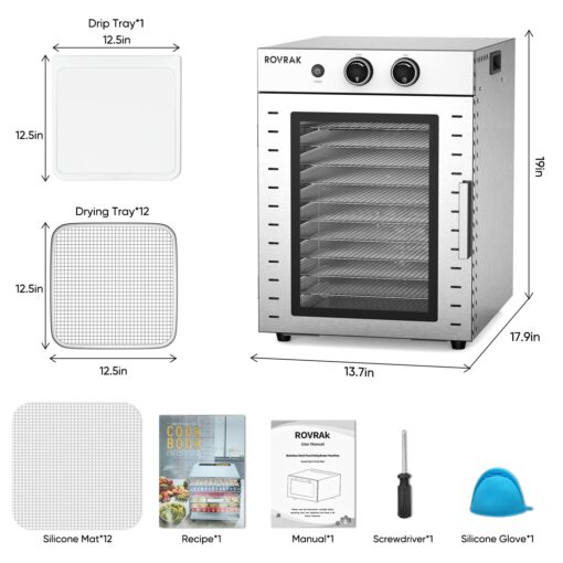 ROVRAk Food Dehydrator for Jerky, Fruit, Meat, Herbs, 12-Tray Stainless Steel Dehydrator Machine, Adjustable Timer, Temperature Control, Overheat Protection (67 Recipes) - Image 3