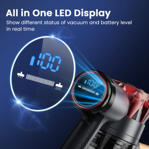 UML0 S3 Cordless Vacuum Cleaner, 45kPa Powerful Stick Vacuum, LED Display, 55-Min Runtime Rechargeable Cordless Vacuum, Free-Standing, Vacuum Cleaners for Home Pet Hair Carpet Hard Floor (Red) - Image 7