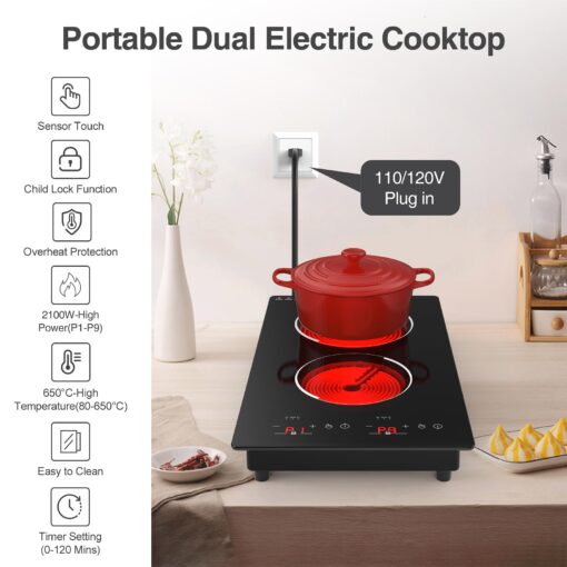 VBGK Electric Cooktop, 12 Inch Built-in Radiant Electric Stove Top,110V 2100W Electric burner with 2 Burners, 9 Heating Level, Timer & Kid Safety Lock, Sensor Touch Control 2 burner Induction Cooktop - Image 7