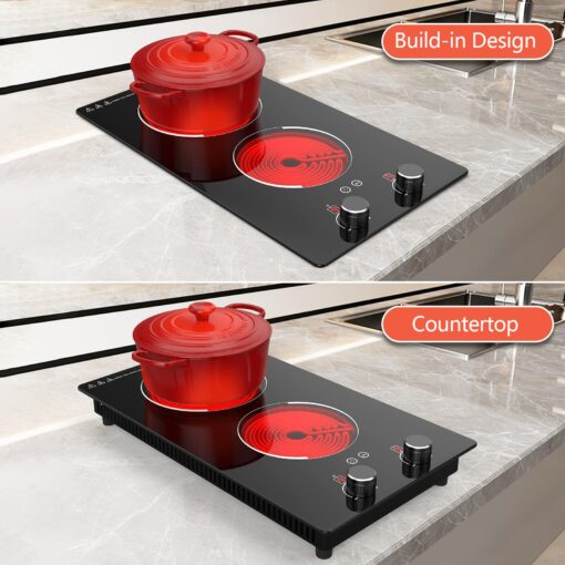 110v Electric Cooktop 2 Burners, 12'' Electric Stove Top with Plug in, GTKZW Knob Control Countertop & Built-in Ceramic Cooktop, 9 Power Levels, Child Lock, Timer, Over-Heat Protection - Image 7