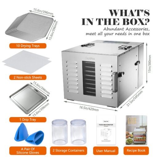 Septree Commercial 10 Trays Food Dehydrator machine, Usable Area up to 17ft² and 190℉ Temperature, 1000W Detachable Full Stainless Steel Dryer,for Meat, Fruit, Beef, Herbs, Pet Food,freeze dryer - Image 6